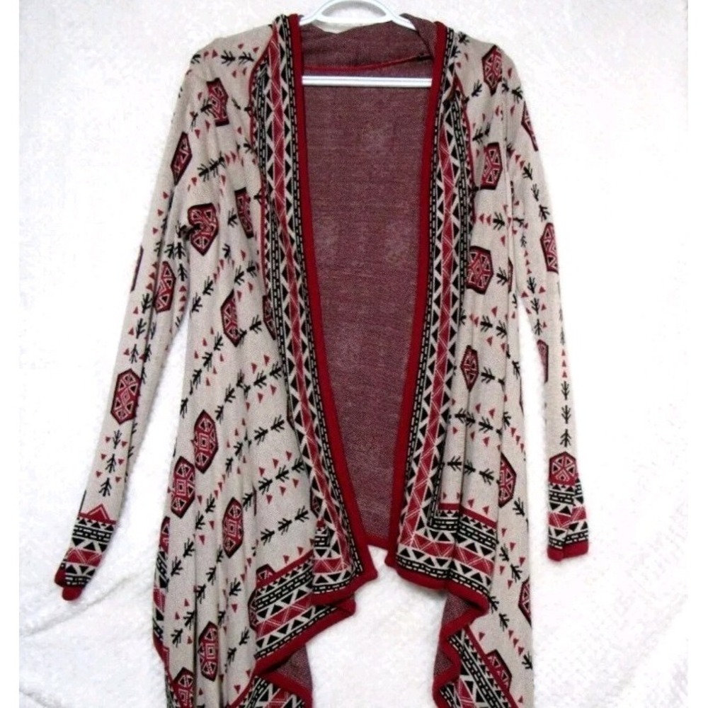 Divided H&M Cardigan Women Small Cascading Tan/Red Aztec Tribal Drape Sweater